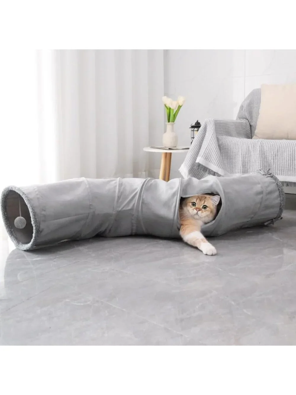 Collapsible 2-Way Cat Tunnel Tube with Peephole & Hanging Ball - Fun Maze for